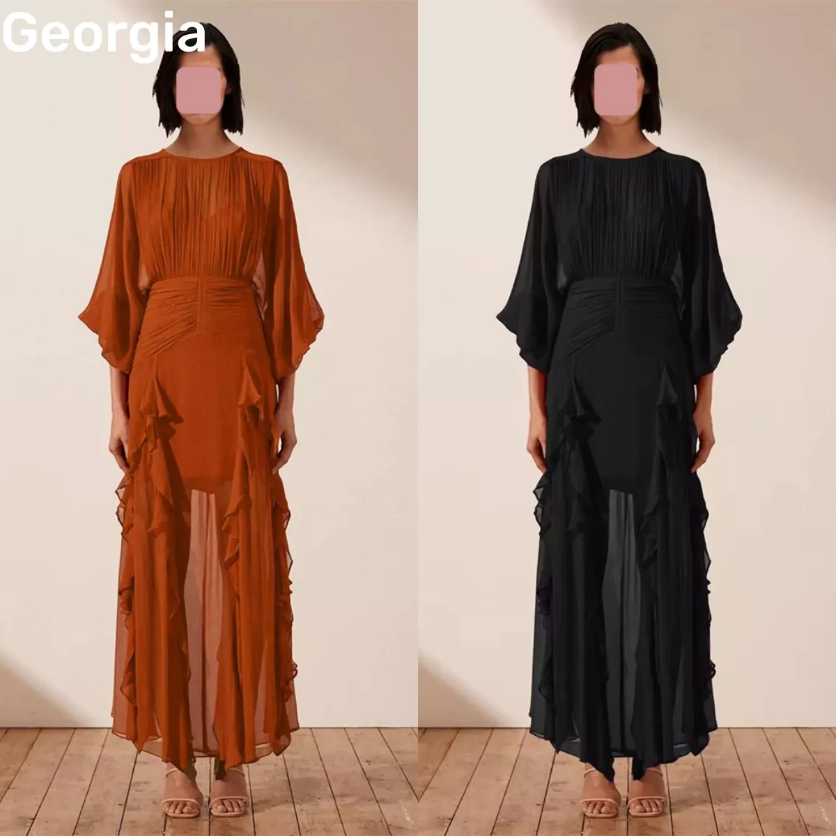 

Elegant Customize Luxury Evening Dresses Black A-Line Scoop Neckline Floor-Length Dresses For Prom Ruffle Zipper Up Long Sleeves