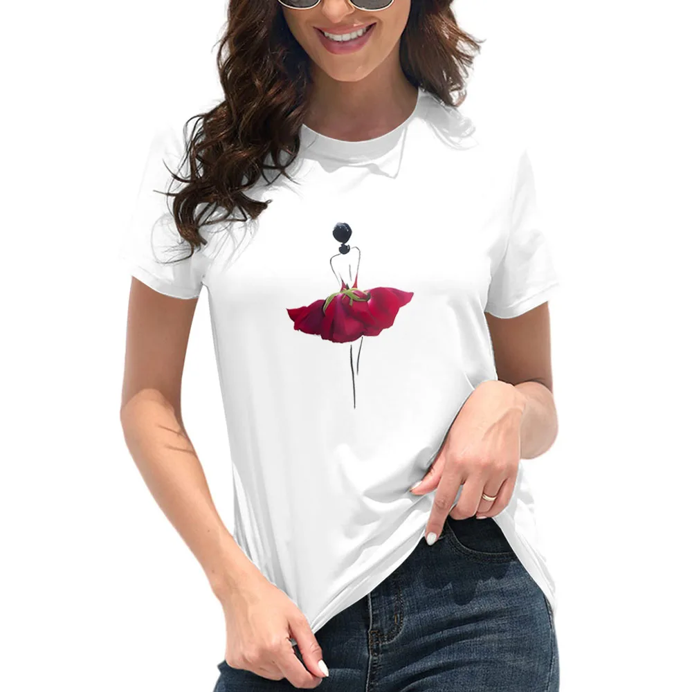 

Summer Women's clothing cotton T-shirt Warm romantic Rose Sexy Woman printed casual sports short sleeved T-shirt for Daily OOTD