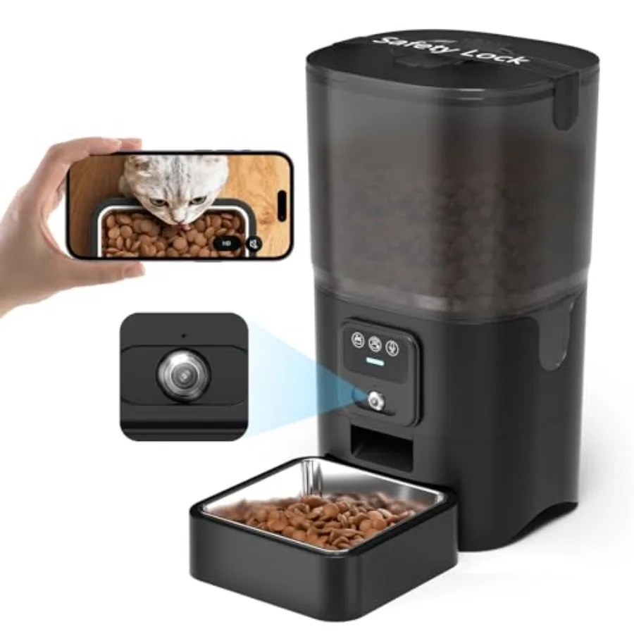 

Автоматическая кормушка для кошек с HD-камерой 720p, ночным видением, двусторонней аудиосвязью, объемом 6 л, управлением через приложение по Wi-Fi 2.4G, легкая в уходе.