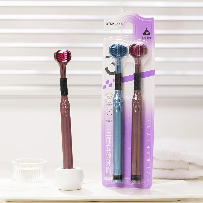 Soft Bristle 3D Triple Head Toothbrush for Adults with Tongue Scraper Home Care Manual Brush image 5