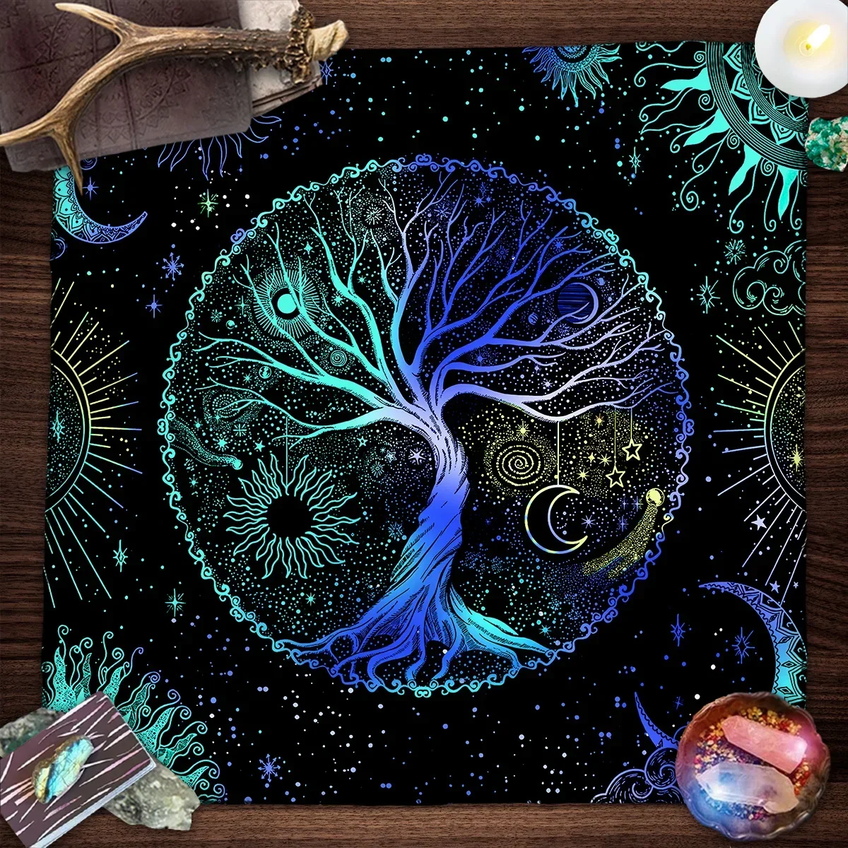 50/75/110cm Tarot Card Mat Blue Life Tree Tarot Tablecloth Sun Moon Starry Sky Altar Cloth Reading Cover Witchcraft Astrology