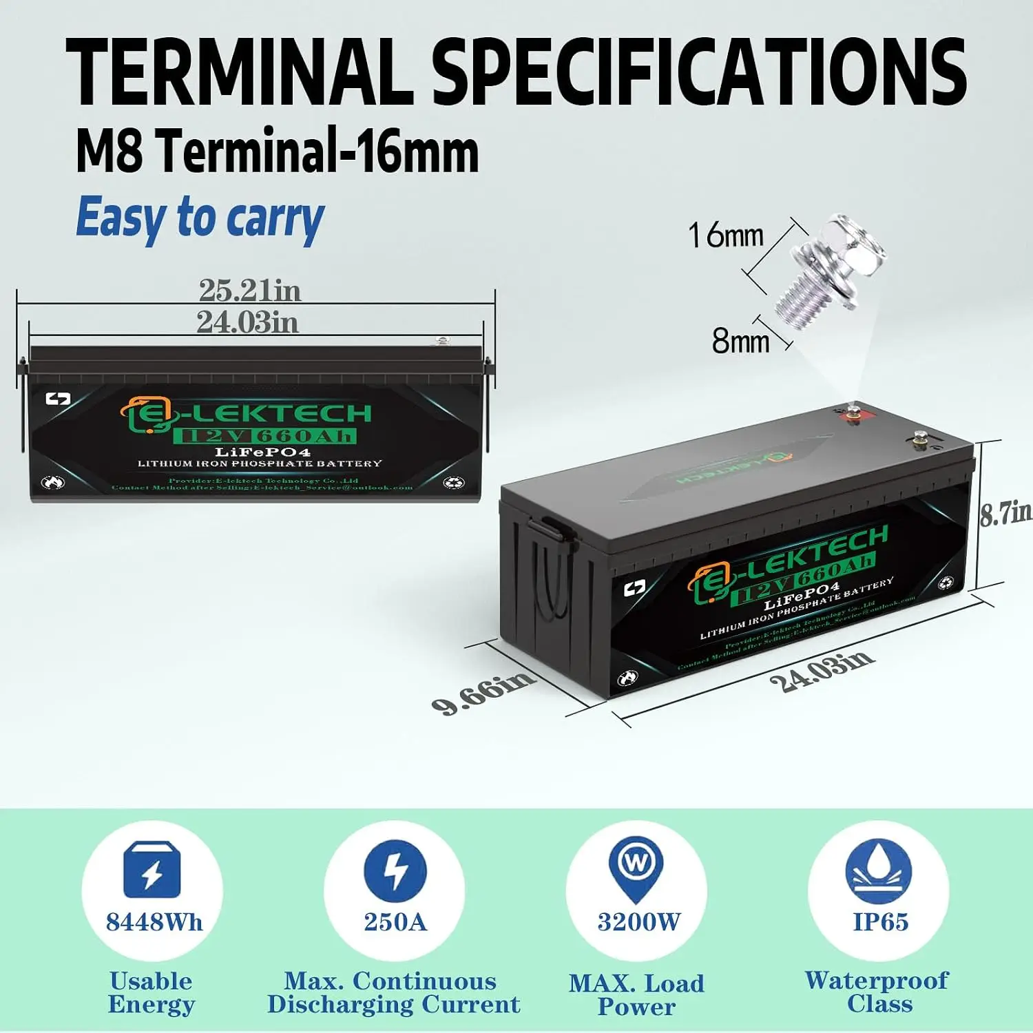 12V 660Ah LiFePO4 Lithium Battery, Built-in250A BMS, Up to 8000 Cycles, Max. 3200W Power Output, Perfect for, Customized