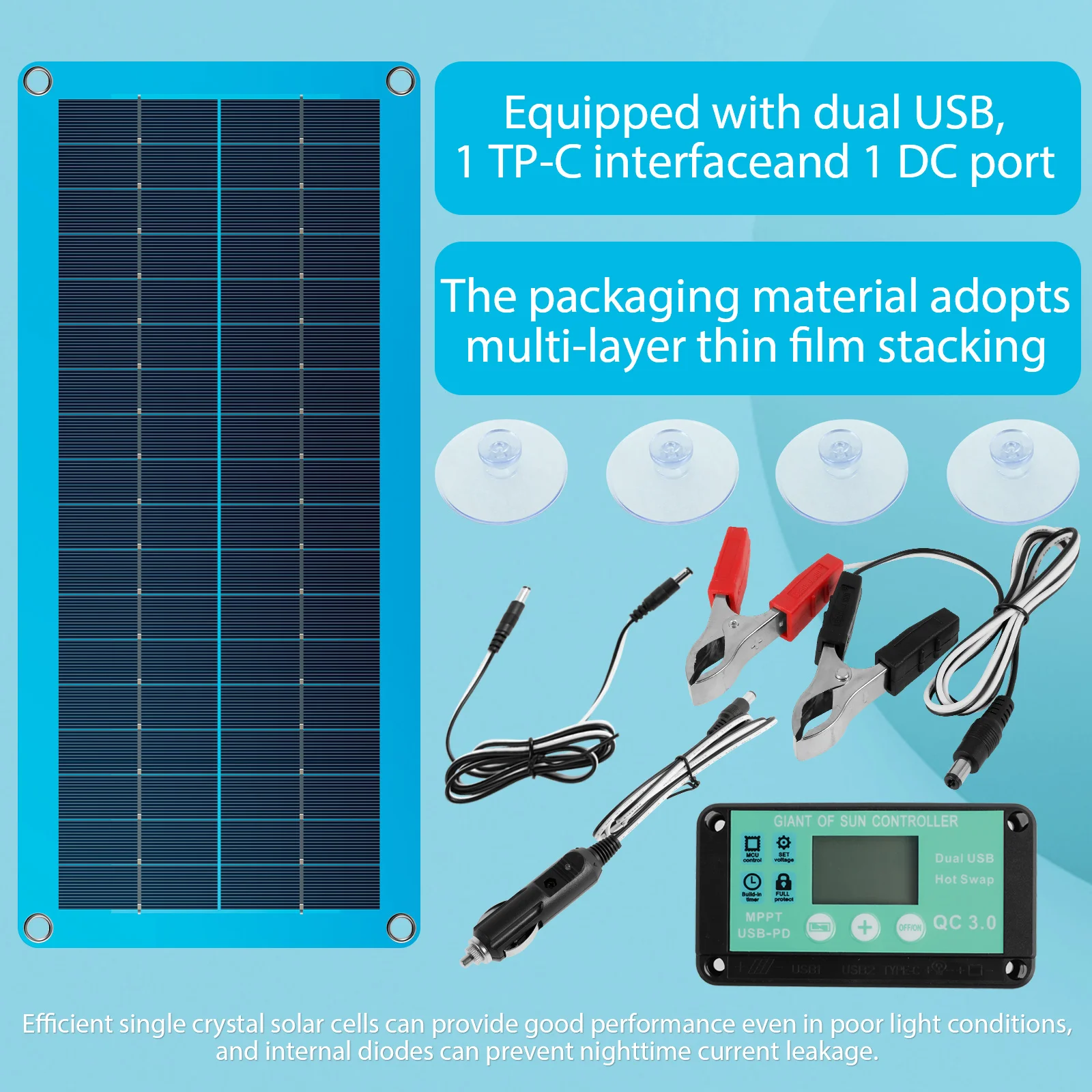 30W Solar Panel IP68 Waterproof 12V USB Camping Solar Panels Practical Solar Panel Kit Portable Battery Charger