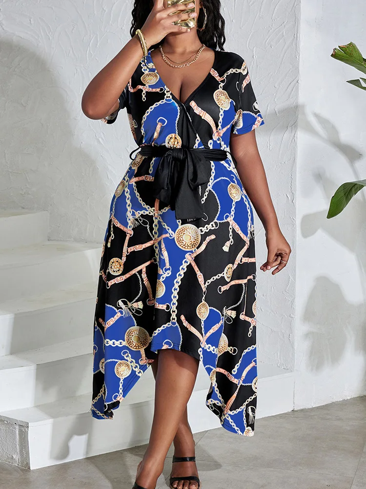 Lw plus size vestidos de impressão feminino outono midi vestido com decote em v mulher verão moda cinto irregular vestido de tamanho grande roupas femininas