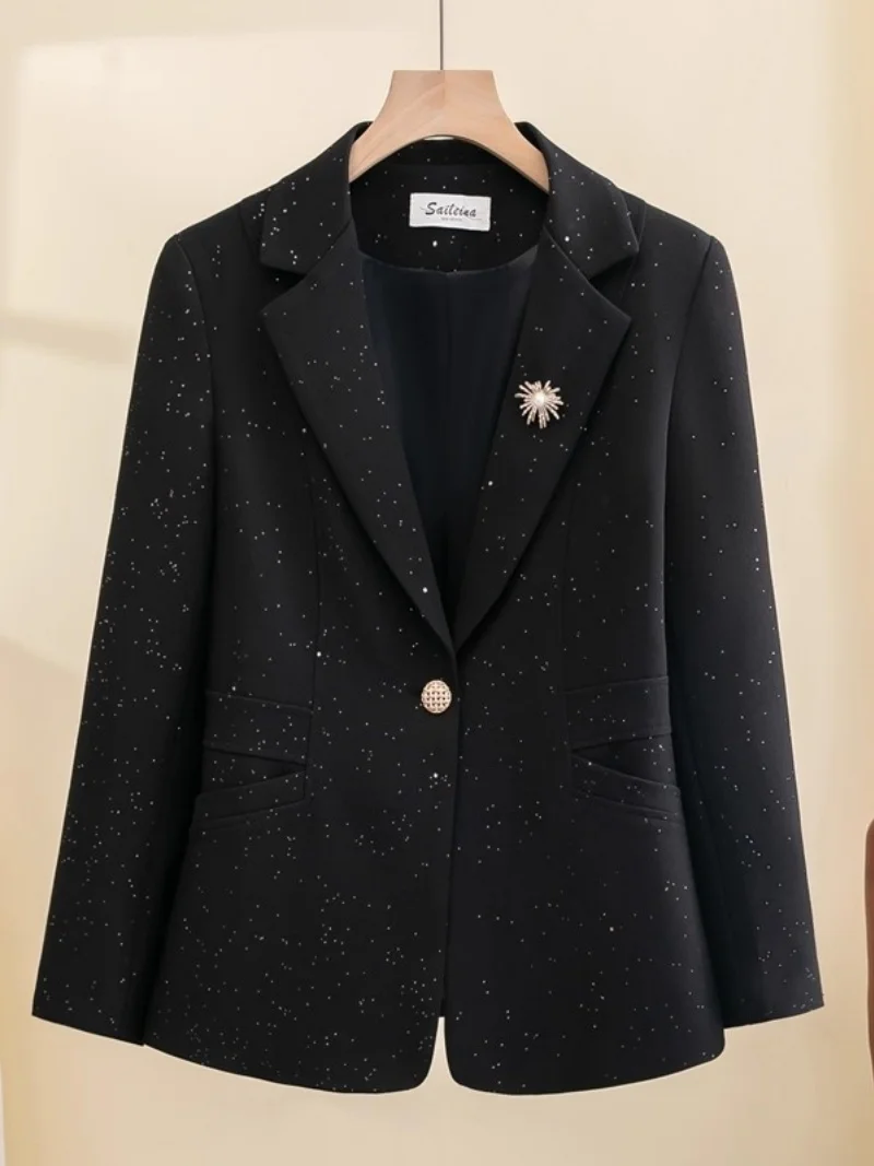 

Блестящий пиджак для женщин, весенне-осенний новый высококачественный приталенный модный темпераментный черный универсальный пиджак, пальто W1030