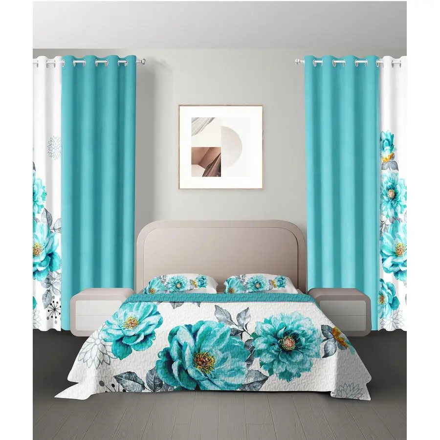 

Кровать размера «king-size» в сумке с шторами, покрывало с цветочным принтом бирюзового цвета, 2 наволочки, 2 принта усилителя, 4 однотонных штора из микрофибры, MoistureWicki