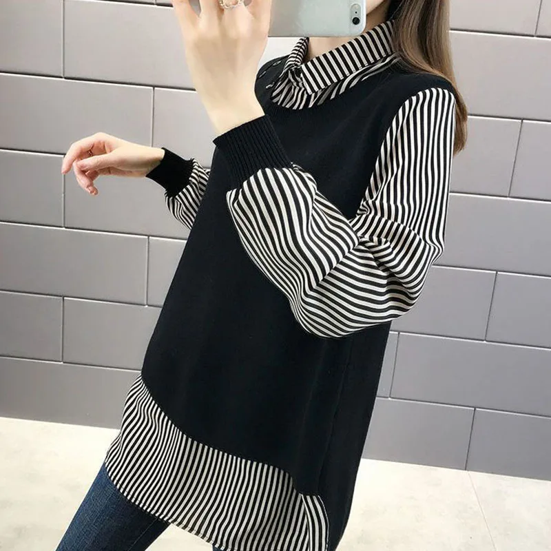 Spring Autumn New Korean Polo-Neck Shirt Spliced Sweaters Preppy Style Fashion Fake Two Pieces Long Sleeve Loose Knitted Jumpers