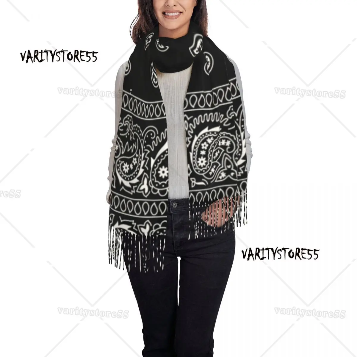 Black And White Paisley Chicano Bandana Style Tassel Scarf Women Winter Fall Warm Shawl Wrap Ladies Black And White Scarves