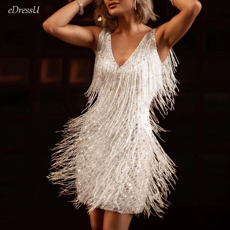 Sexy White Fringe Club Dance Dress 2024 Sleeveless V-Neck Tassel Cocktail Party Dress Above Knee Length Disco Nightwear YL-6057