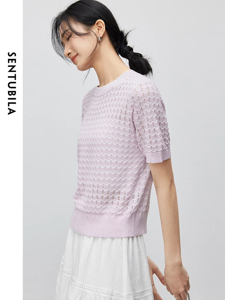 SENTUBILA Hollow Out Striped Knit Tops Summer Sweater Women 2024 Summer Fashion Elegant Short Sleeve Knitted Tshirts W42H55017