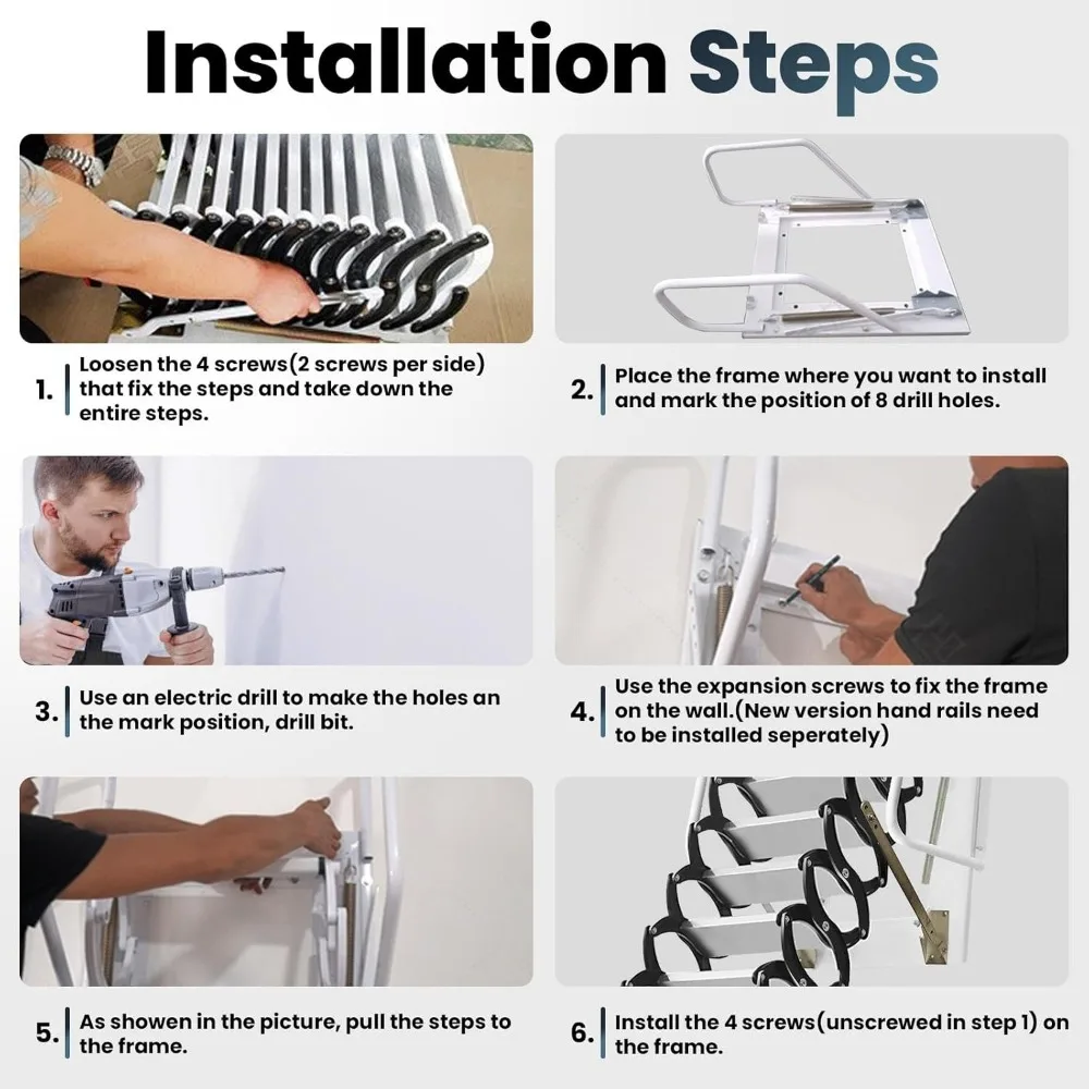 Escalera tipo loft extraíble para ático de aleación Al-Mg - Sistema extraíble de escalera para ático montada en la pared de 12 escalones - Capacidad de 1102 LBS