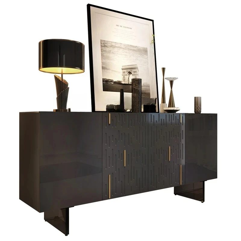 A  Italian Light Luxury Entrance Cabinet Villa, Glass Decorative Cabinet, Sensor Light, Black Side Cabinet