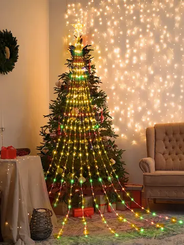1PC Five-pointed Star Waterfall Lights USB/Solar Powered  Christmas String Lights for Christmas Party Halloween Home Decor