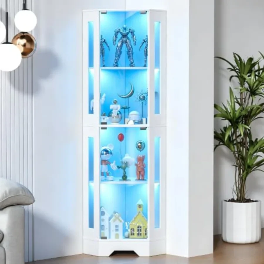4-Tier Corner Glass Display Cabinet for living room, tempered glass, black, dimmable 3-color LED lights