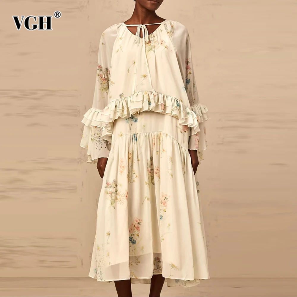 

VGH Prairie Chic Комплект из двух предметов для женщин с v-образным вырезом и длинными рукавами в стиле пэчворк, рюшами, топ с высокой талией, трапециевидное платье, наряды с принтом, женские