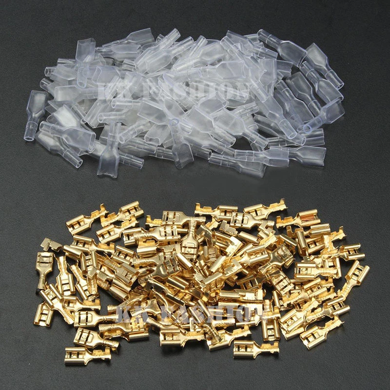 100pairs (200pcs) 6.3mm Crimp Terminals Kit 0.5mm2-1.5mm2 Female Spade Connectors with Insulating Sleeve AWG 22-16 Set