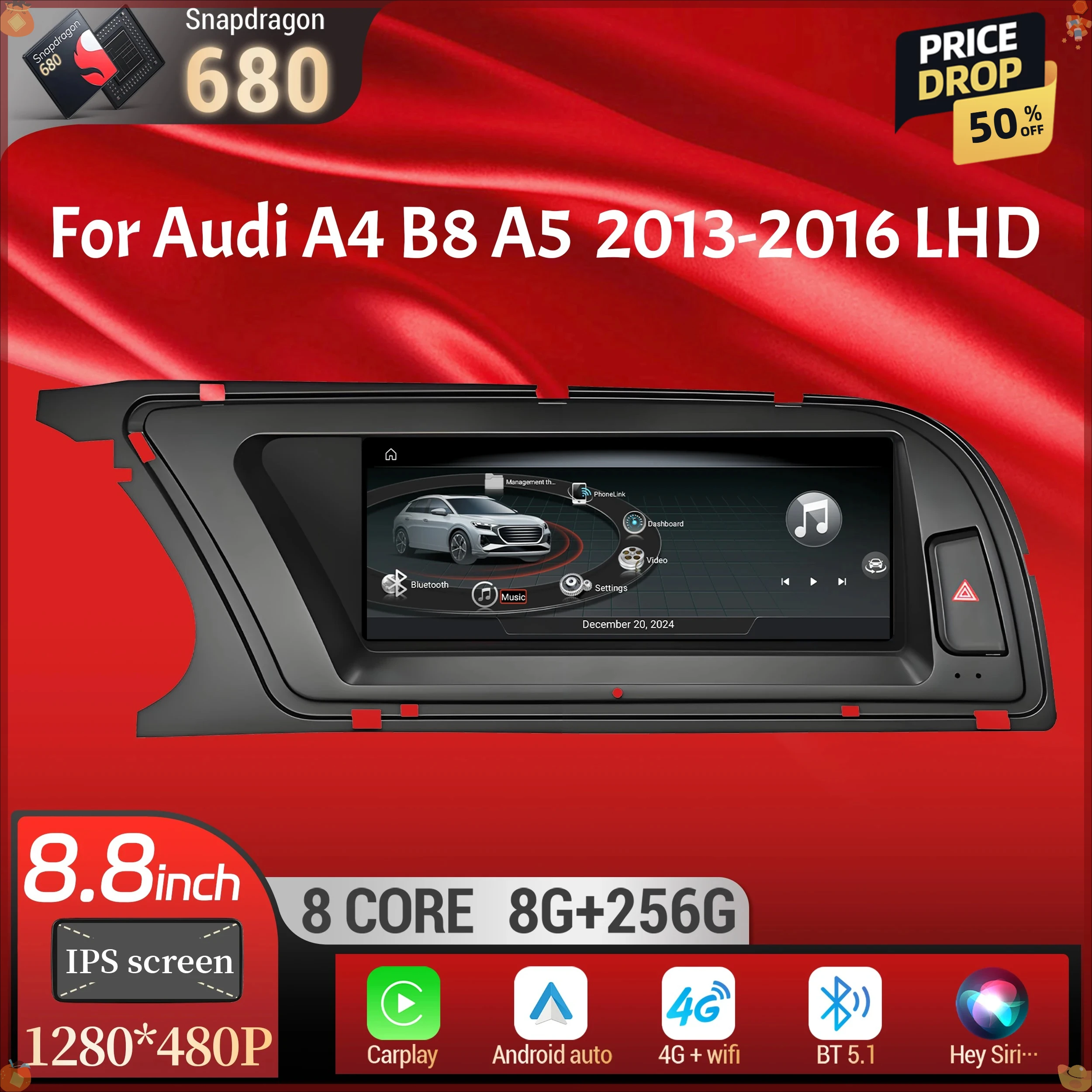8.8 inch For Audi A4 B8 A5 2013-2016 Left Hand Drive Android 14 Car Radio Wireless Carplay Qualcomm Snapdragon 680 Touch Screen