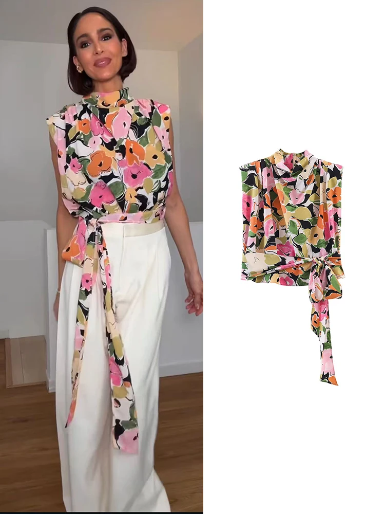 TFMLN Summer 2026 Women Sleeveless Blouse Top Elegant Floral Printed Shoulder Pad Top Chic Side Tie-up Fashion Lady Vest