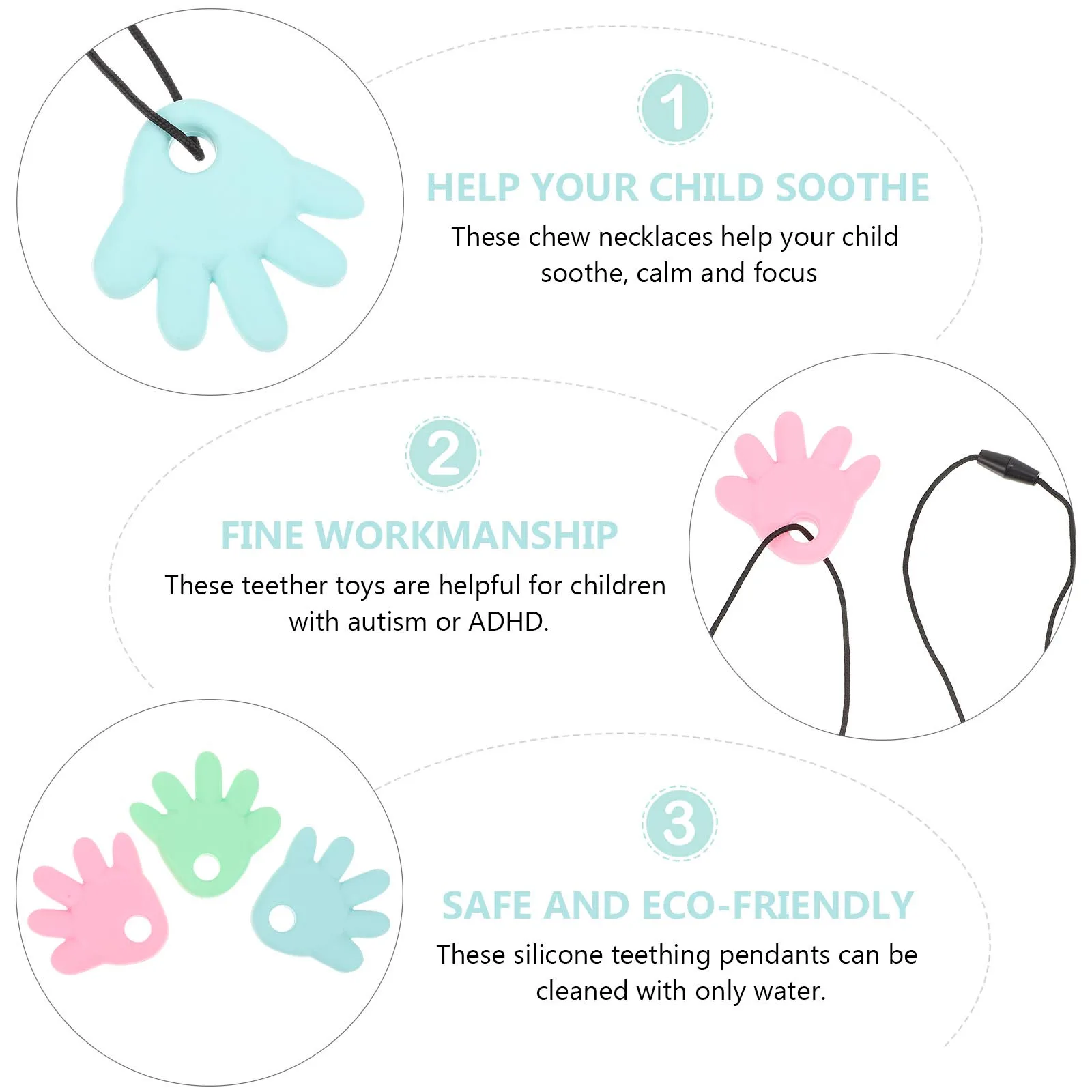 

3 шт. силиконовые ожерелья-прорезыватели для младенцев, успокаивающее жевание для аутизма, гладкая сенсорная подвеска, комфортное время игр