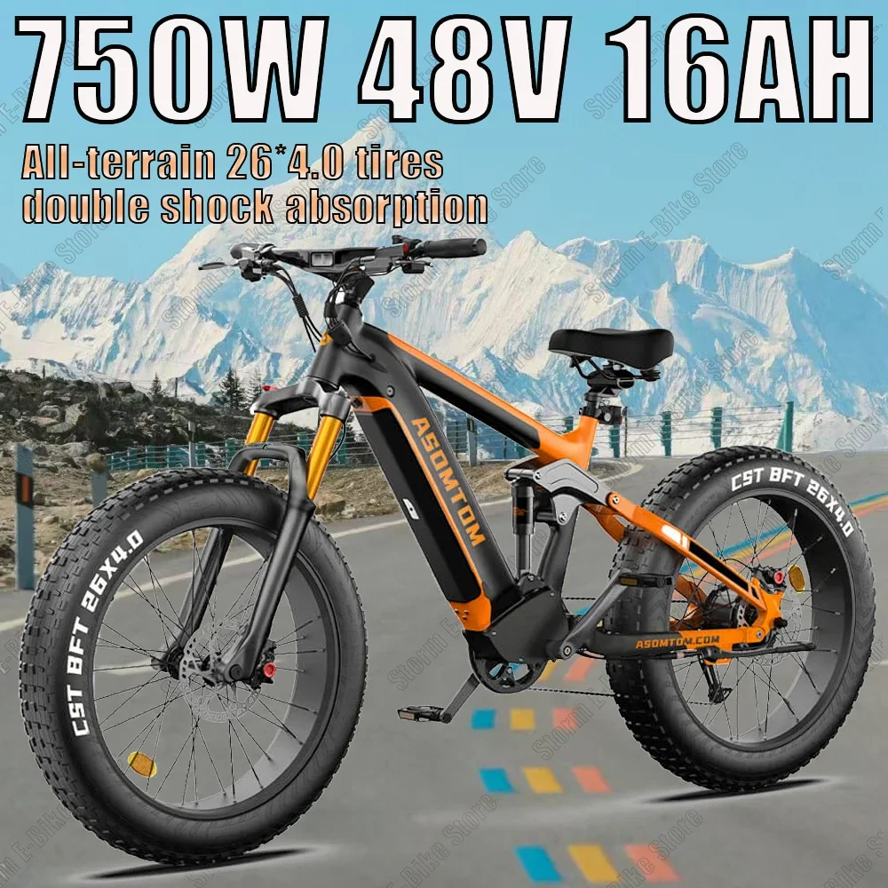 E-bicycles All-terrain 26-inch Fat tire Mountain Electric Bike 750W motor 48V 16AH lithium battery 45KM/H adult off-road E-Bikes