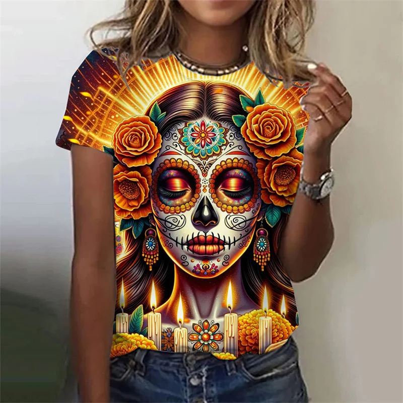 3D Printed Sexy Girls T Shirt For Women Horror Undead Skull Pattern Tees Summer Casual O-Neck Tops Short Sleeves Loose T-Shirts — zdjęcie 3