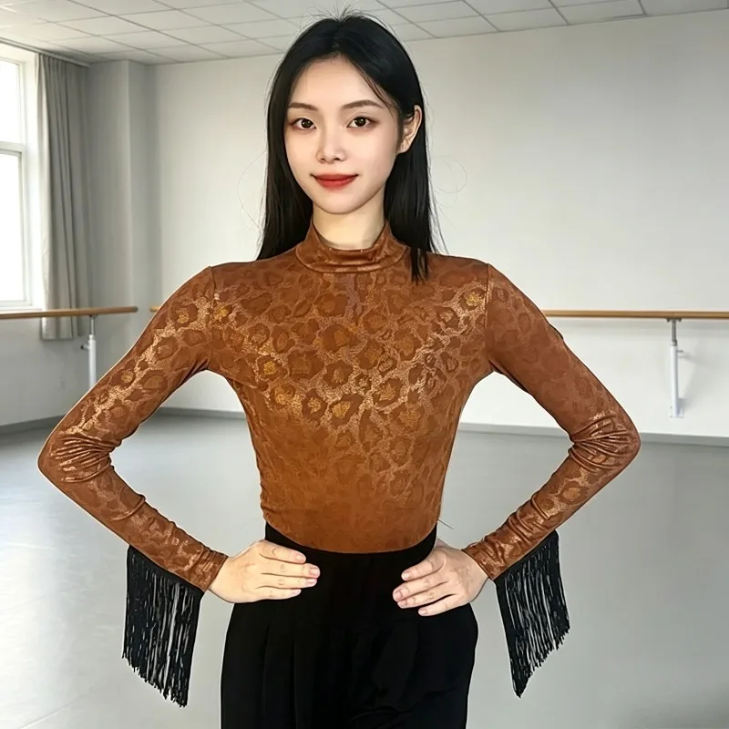 

Latin Bodysuit Original Design Shiny Leopard Print Tassel Top Women Adult Sexy Ballroom New Arrival Practice Stage Dancewear