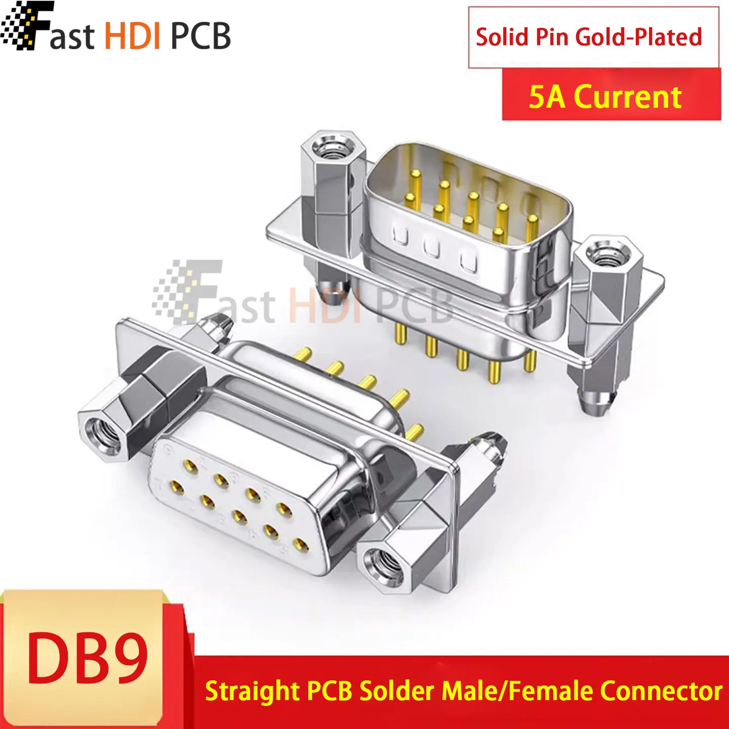 DB9 PCB Mount Connector Solder Type Male Female 9 Pin RS232 D-Sub Straight Gold Plated Solid/Stamped Pin for Industrial Control