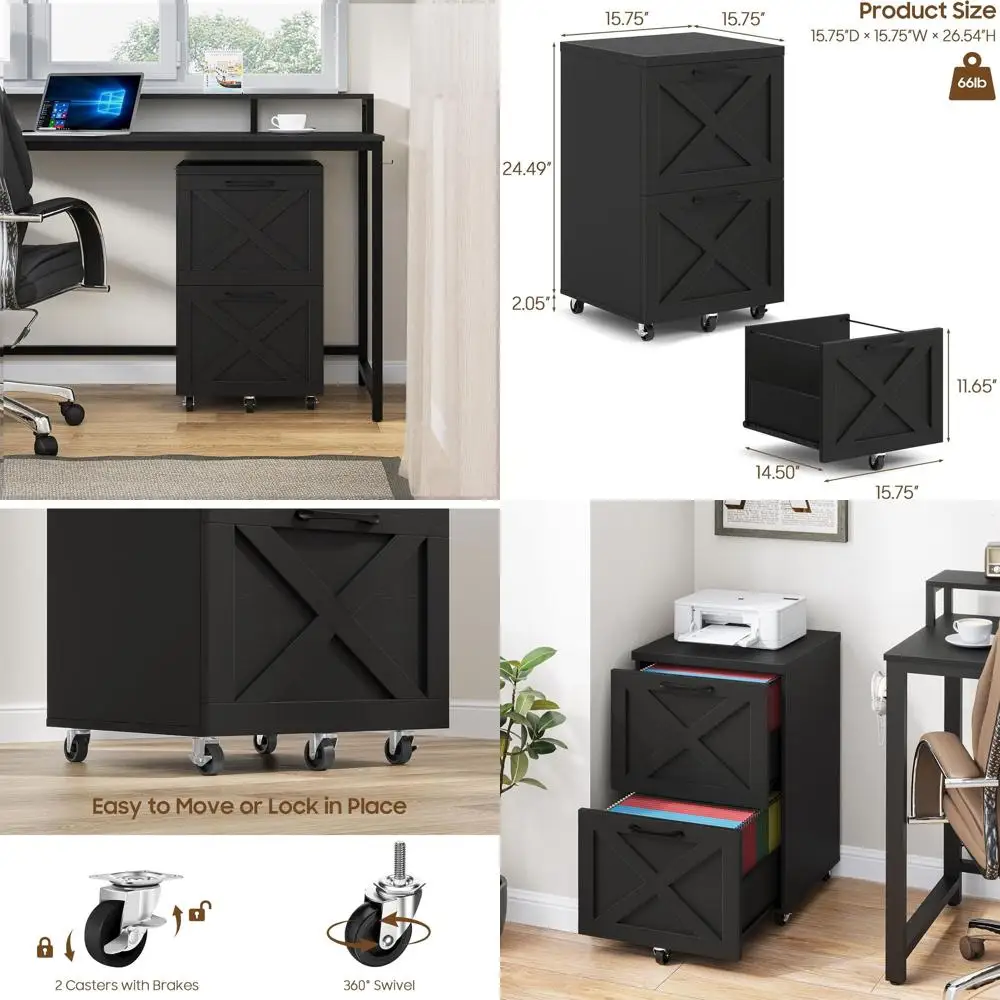 Mobile Wooden File Cabinet with Wheels, Suitable for A4/Letter Size Documents, Under Desk Storage, Black