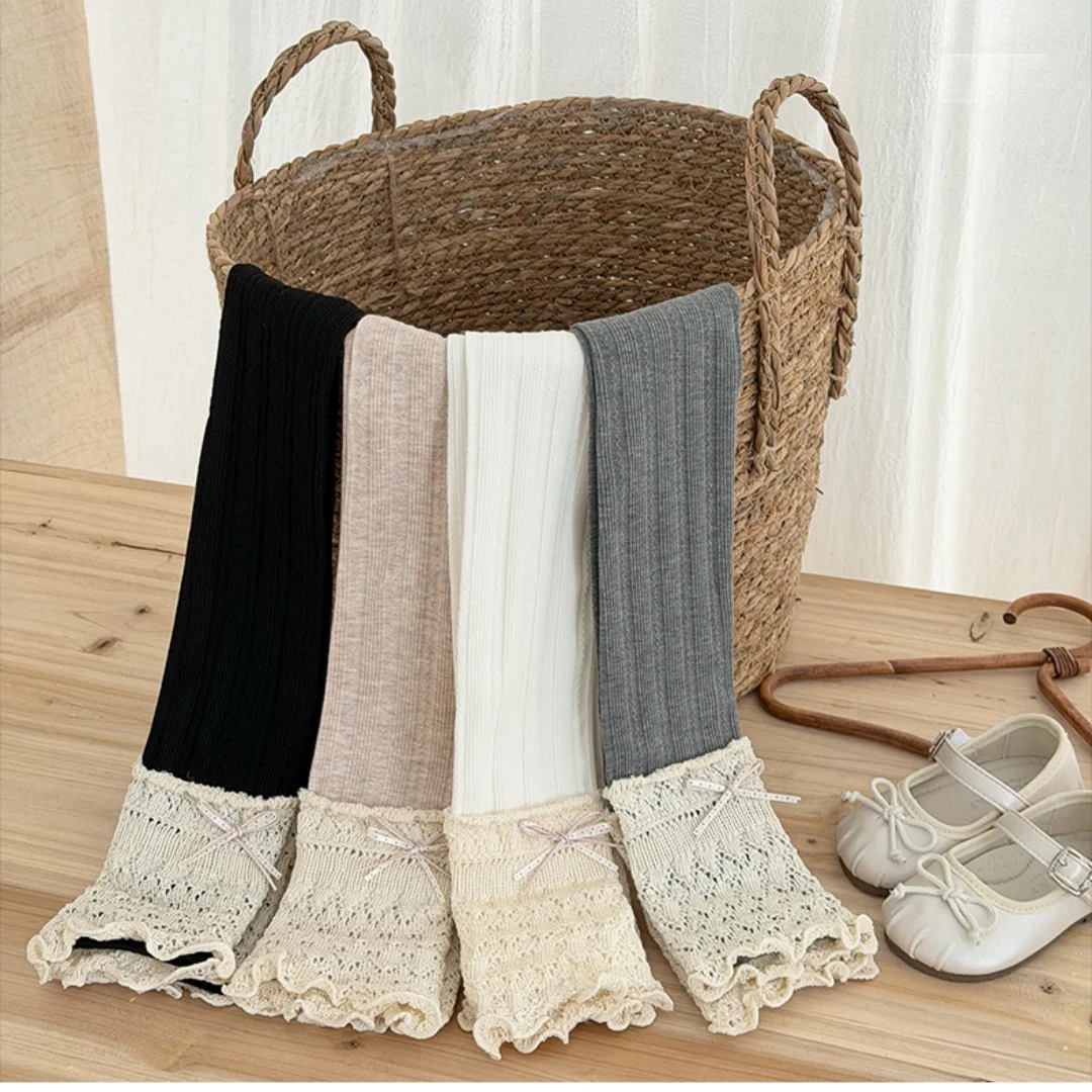 2026 Autumn Baby Girl Tights Lace Ruffle Bow Ribbed Knit Fabric Kids Leggings  Soft Breathable Children Trousers