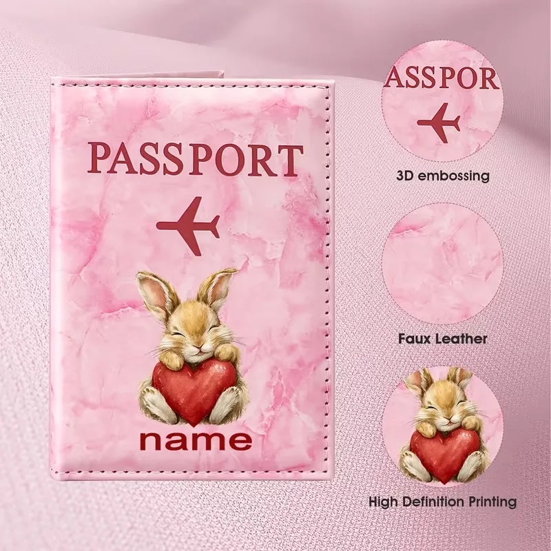 Personalized Name Cute Rabbit Heart Illustration Design PU Passport Holder, Featuring Red Hearts And Adorable Rabbit Elements