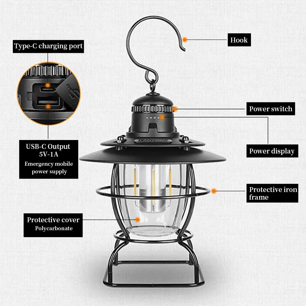 Portable Retro Lantern Led Camping Lights Rechargeable Waterproof Hanging Lamp Outdoor Indoor Tent Lights