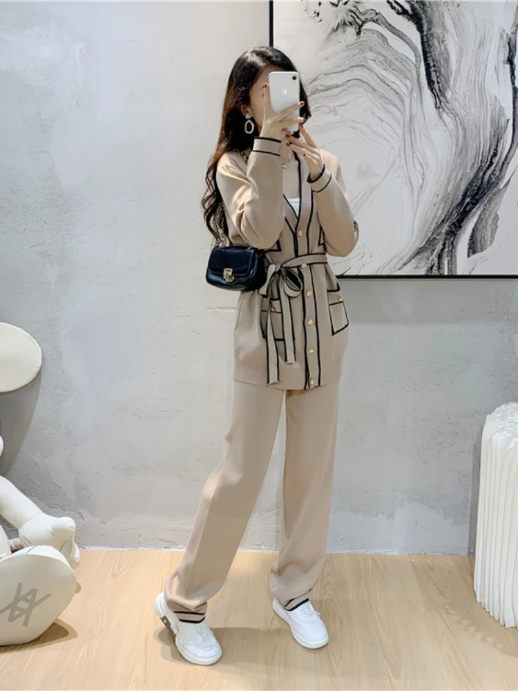 Winter Women Knitted 2 Pieces Set Muslim Lace-up Sweater Top Jacket Cardigan Coat +Knitted Pant 2PCS Suits Warm Outfit 2024