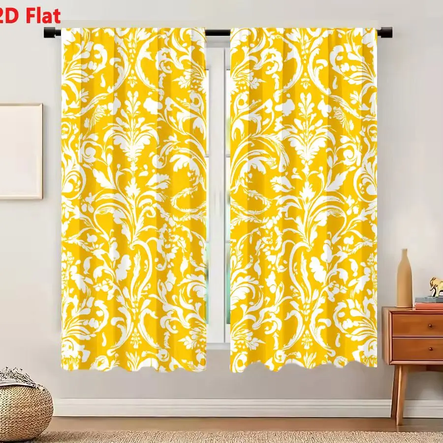 2Pcs Curtains 2D Flat Ornate Damask Pattern With White Floral And Foliate Motifs On Mustard Yellow Background Window Drapes for