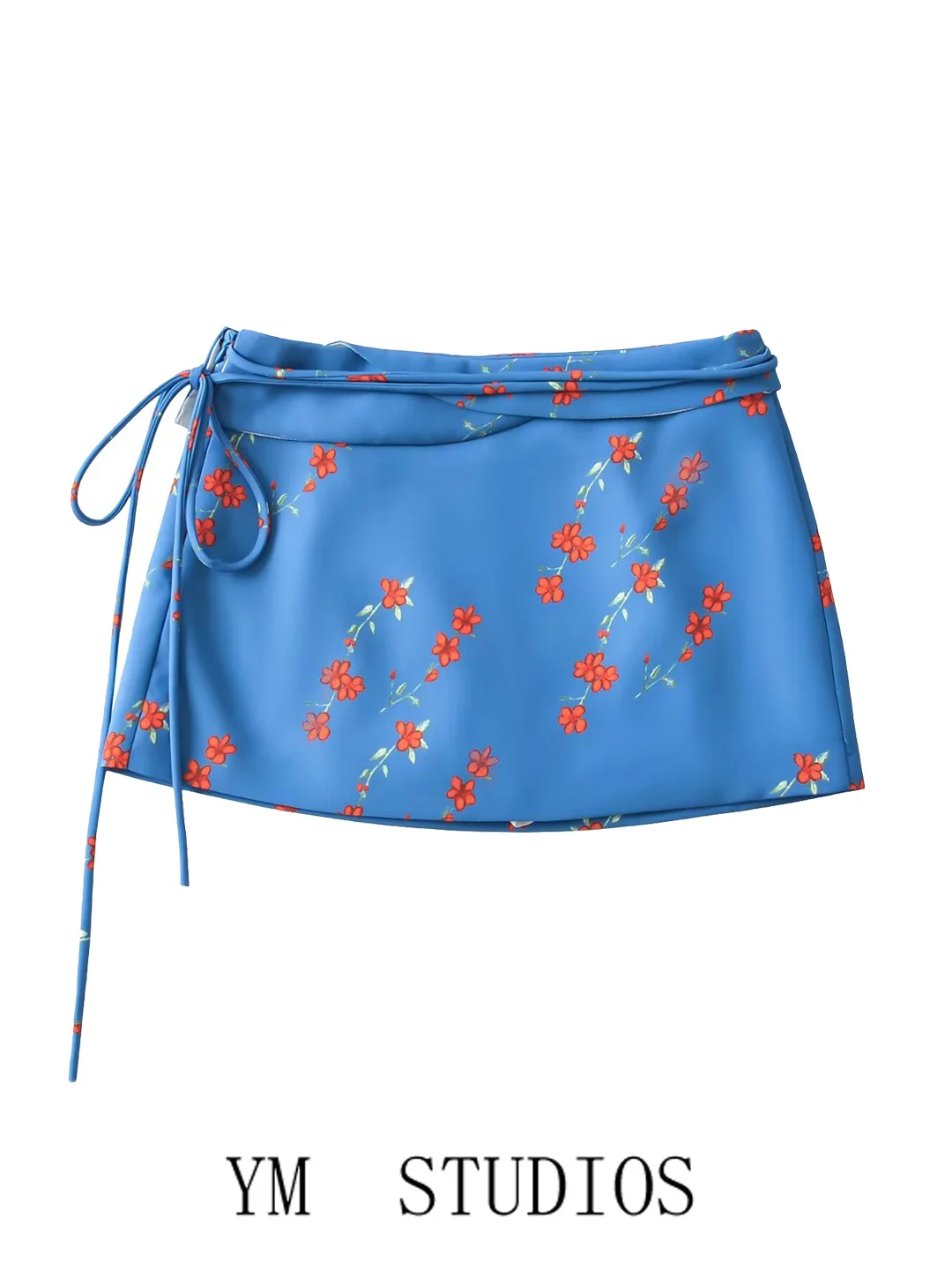 Beachy Blue Floral Print A-Line  Skirt Women's Style Low Waist Polyester Fiber Printed Fabric Anti-Static Inner Lined Skirt