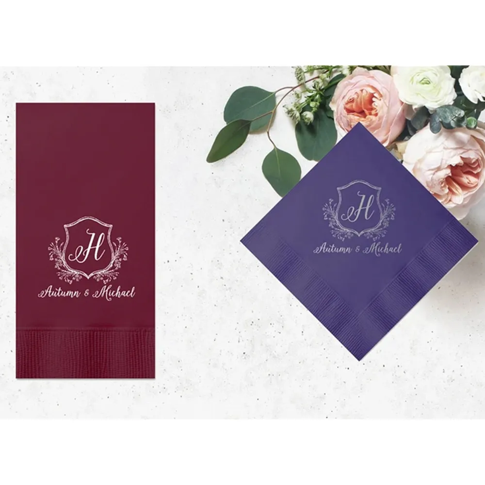 

50PCS Custom Floral Crest Cocktail Napkins - Wedding Napkins, Wedding Decor, Engagement Party, Bridal Shower, Foil Stamped, Pers