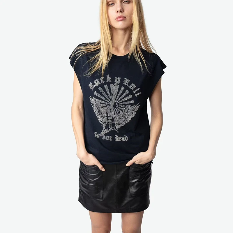 Luźna koszulka bawełniana damska na lato i wiosnę, okrągły dekolt, zdobiona diamentami, podstawowy krój, młodzieżowy top.