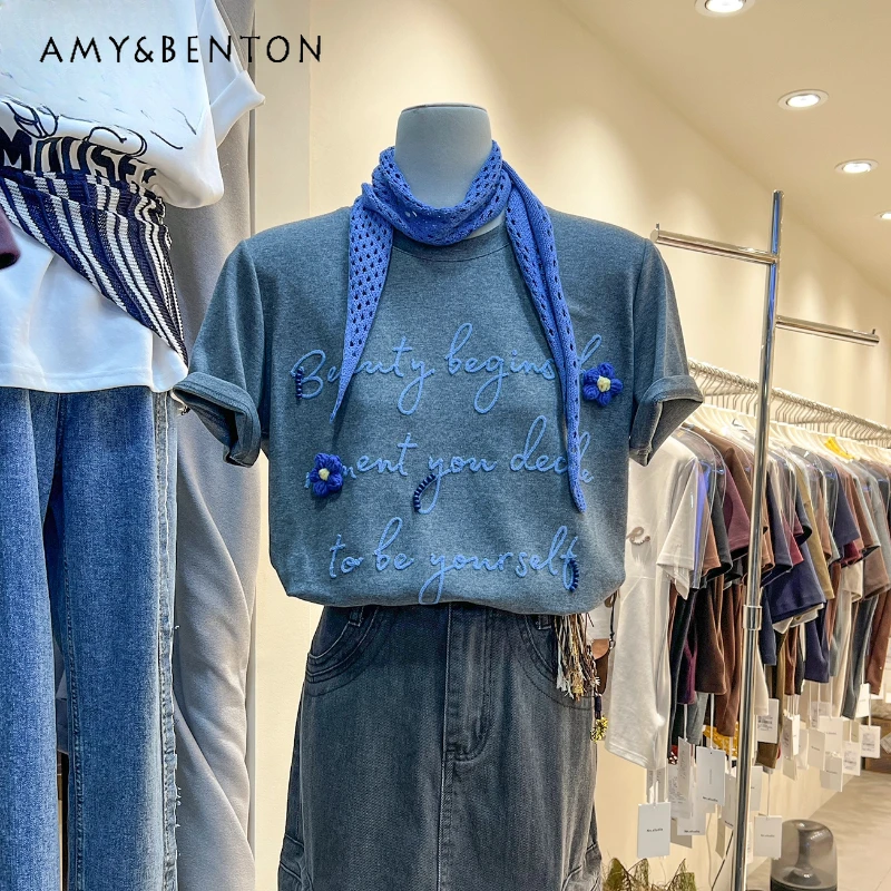 

Letter Embroidered Y2k T-shirt With Shawl Ladies 2025 Autumn New Casual Versatile Sweet Regular Shoulder Half Sleeves Top Tshirt