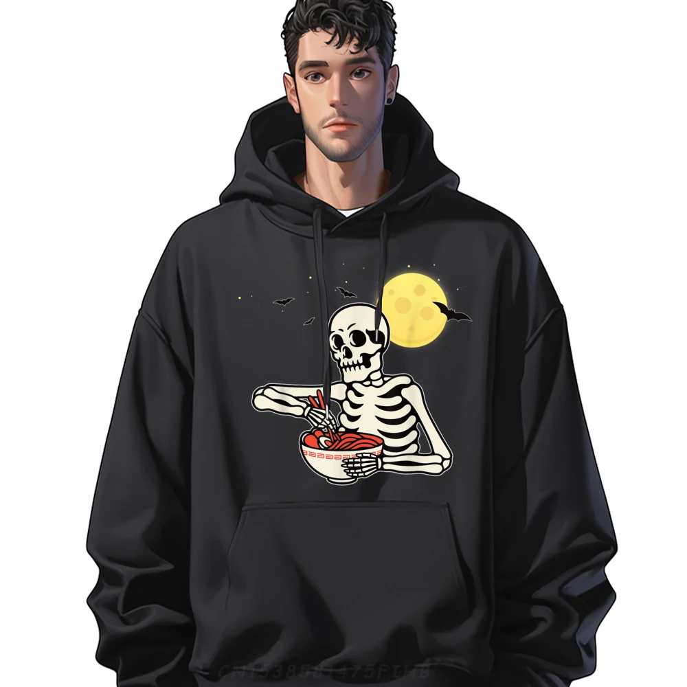 Funny Halloween Kawaii Skeleton Japanese Ramen Noodles Brand Clothing Long Sleeve Hoodie Men Oversized