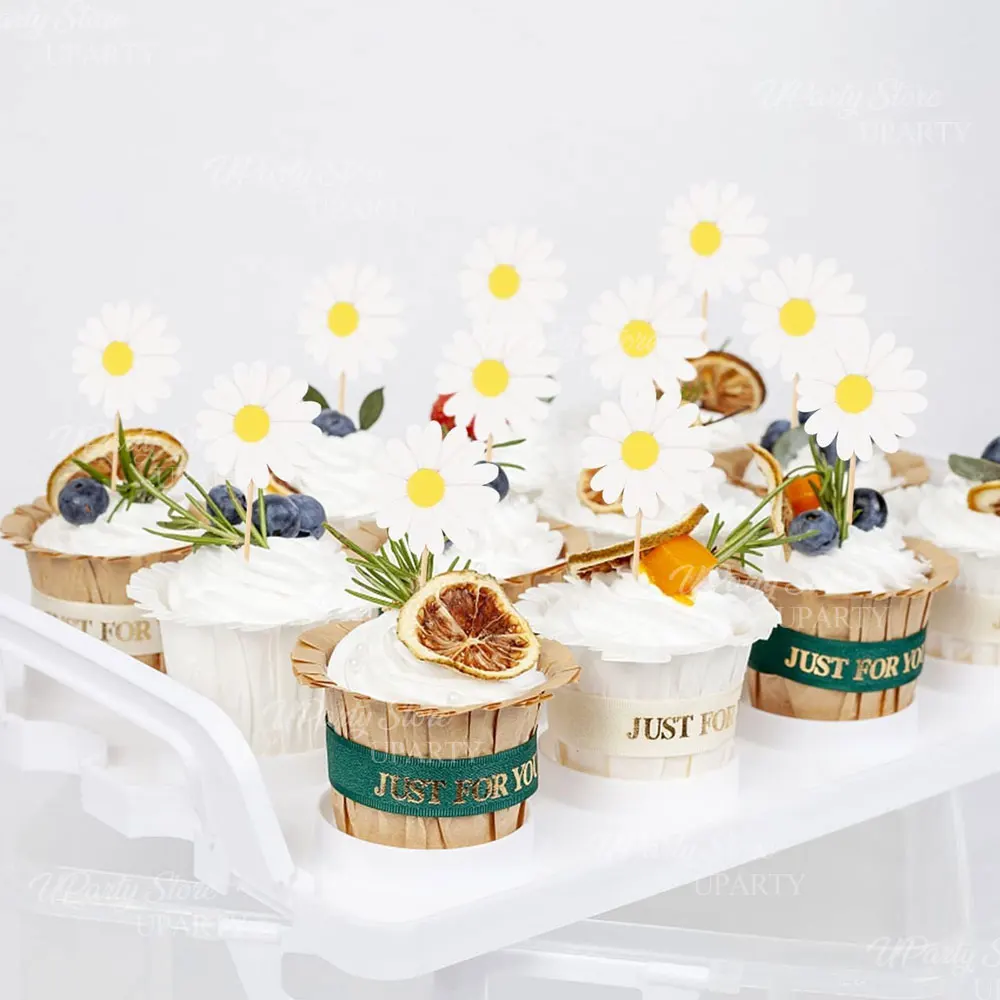 24 Stück Gänseblümchen-Cupcake-Topper, rosa, gelb, weiß, Gänseblümchen-Kuchenaufsätze für Babys in Bloom, Babyparty, Geburtstagskuchen-Dekoration, Gastgeschenk – Detail 6