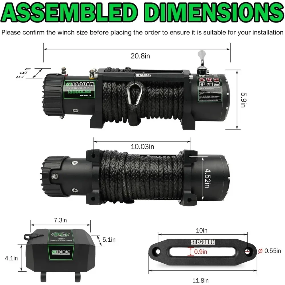 13000lb Electric 12V Waterproof Electric Synthetic Rope Winch with Wireless Handheld Remote and Corded