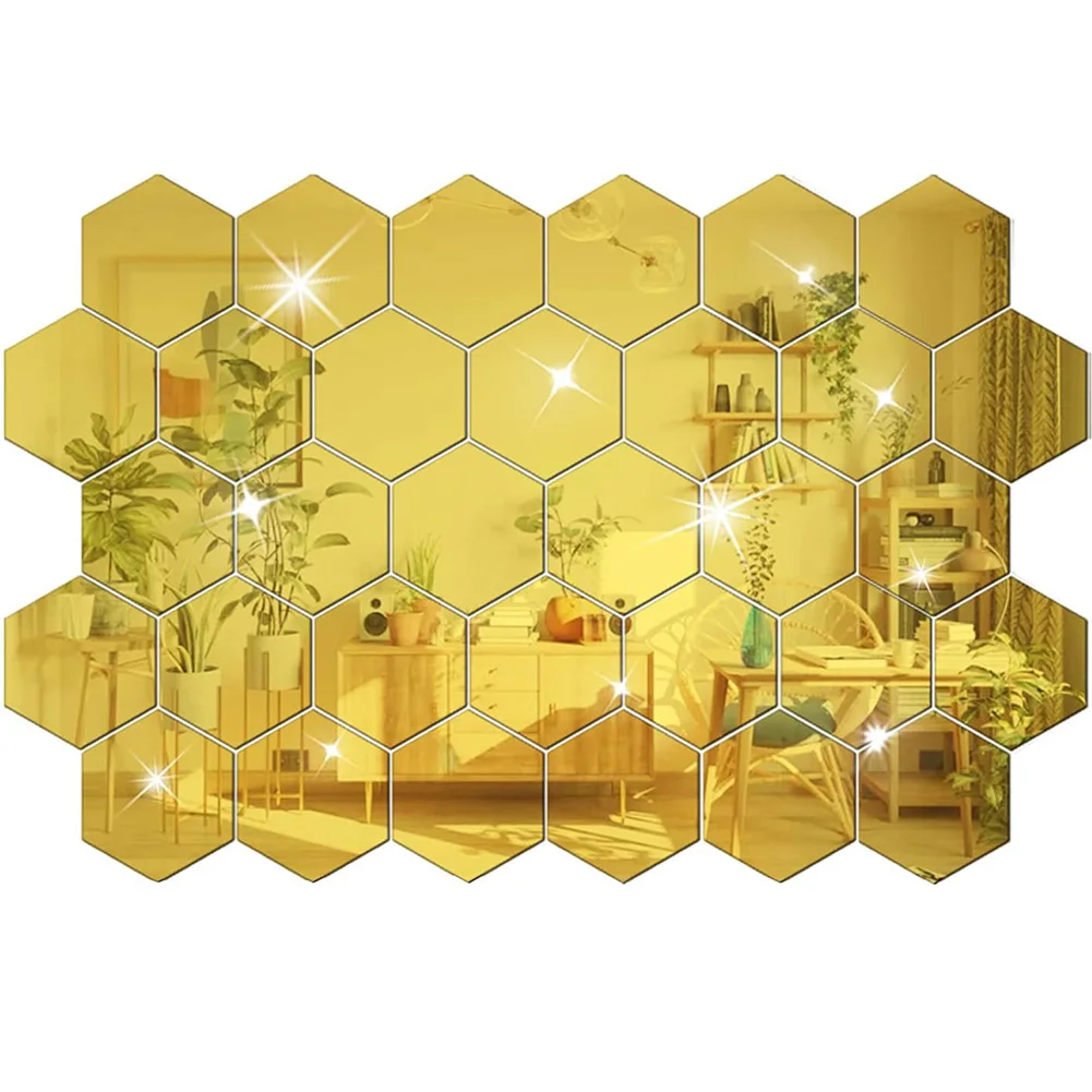 32 Pieces DIY Hexagonal Mirror Acrylic Mirror Wall Panels Self Wall Stickers for Home Office Kitchen Decoration