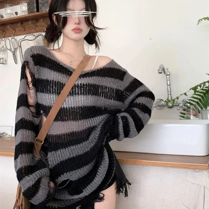 ZMZBCH Sexy Hollow Out Striped Long Sweaters Punk Gothic Cool Hole Broken Jumpers Over Size Loose Rock Dark  Pullovers Sweaters