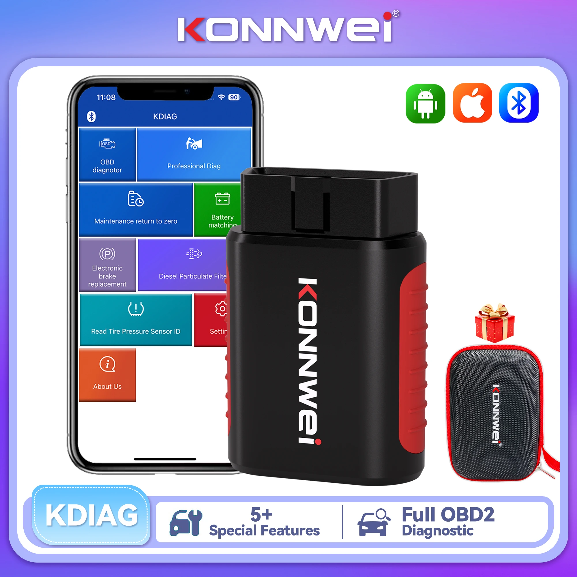 KONNWEI Car OBD2 Full System Scanner Bluetooth Connection App Scan Faults View EPB/DPF Reset Functions Car OBD2 Diagnosis Tool