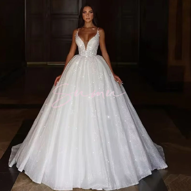 تخصيص مستقيم الاجتياح العنق بريق اللؤلؤ فستان الزفاف بلا أكمام الوهم زين فستان زفاف TrainAbito da s