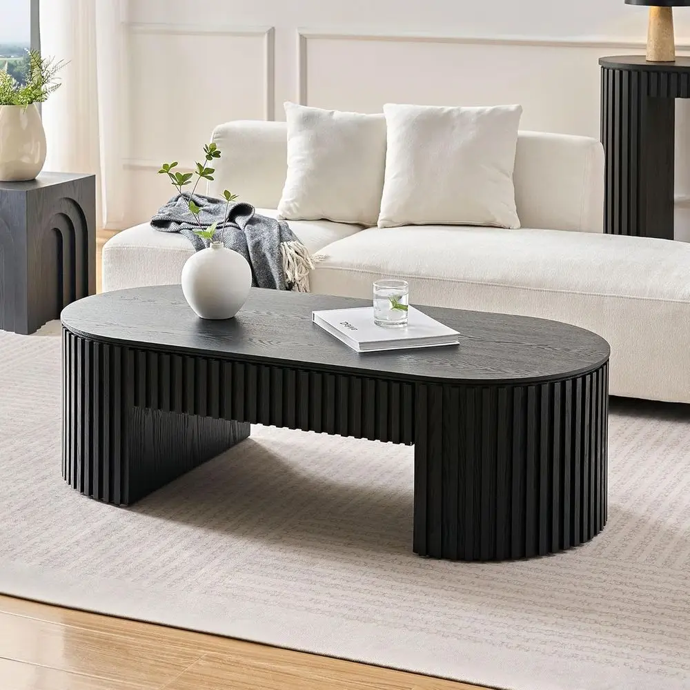 51.18 Black Oval Wooden Coffee Table for Living Room, Elegant Appearance