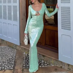 Oligai Autumn Long Sleeve Formal Occasion Dresses for Women 2024 Sequins Elegant Maxi Dress Green Wedding Guest Party Dresses