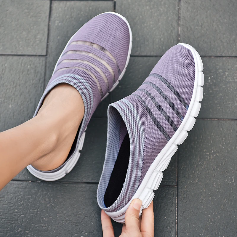 

Women's Shoes New Breathable Mesh Fabric Men's Soft Soled Casual Lazy Half Slippers Lightweight Indoor No Heels Shoes 2024