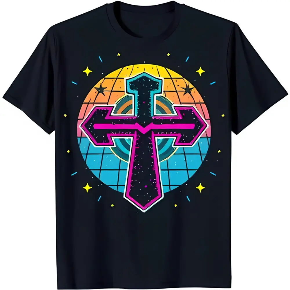 Retro Graphic Black T-Shirt with Design & Colorful Circular Pattern