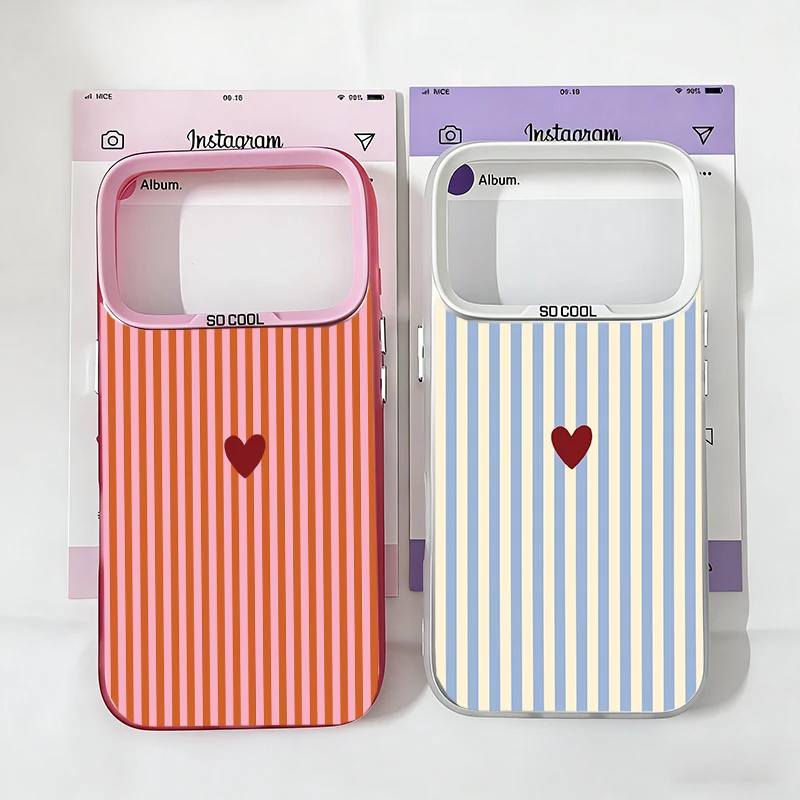 Модный чехол INS с милым маленьким сердечком для iPhone 16 17 Pro 15 17 Air 14 Plus 13 12 11 Pro Max, розовый, синий, в полоску, IMD-покрытие