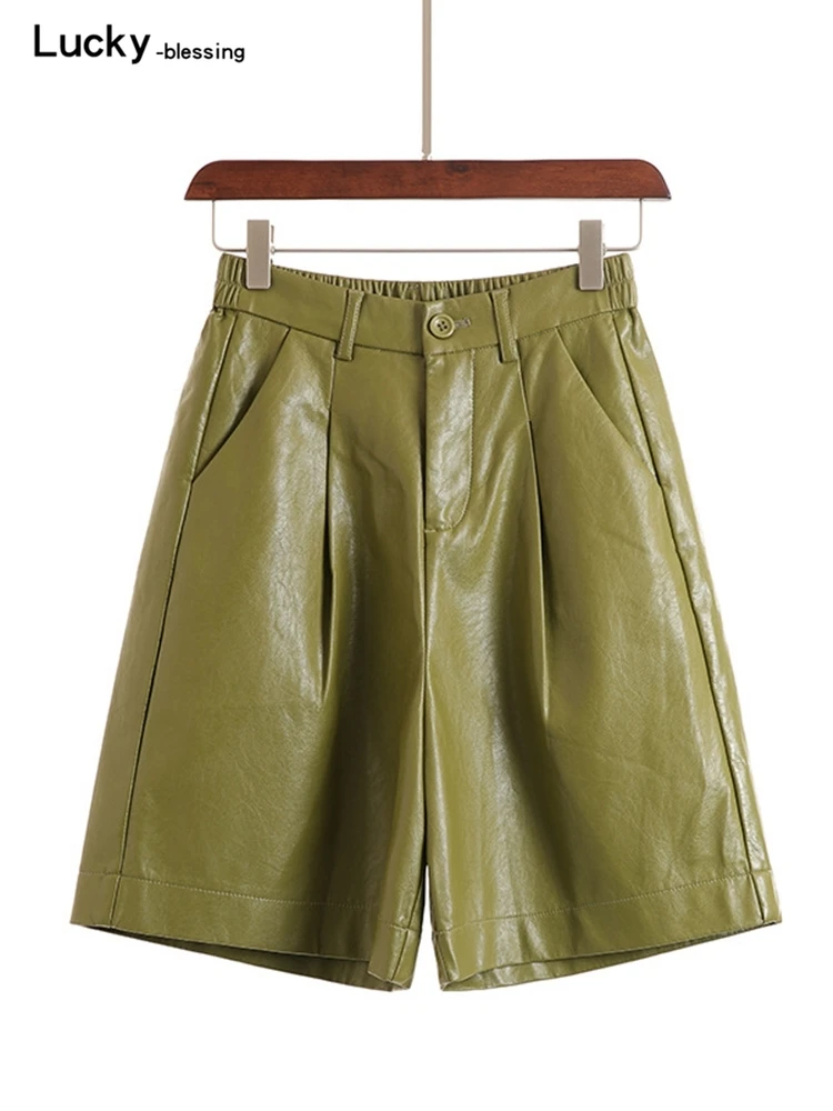 Calções de couro do plutônio feminino moda outono inverno bermuda cintura elástica solto cinco pontos calças de couro shorts casuais 2022 novo